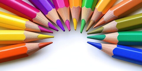 Fototapeta premium Vibrant Circle of Colored Pencils Flat Lay on White Background for Creativity Education Art Design