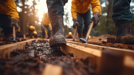 Workers build muddy trail using wooden planks and hammers