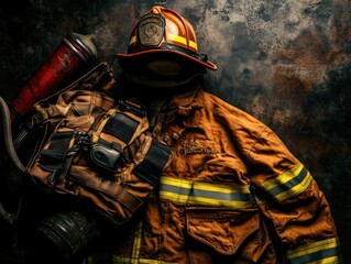 Fototapeta premium Firefighter gear flat lay with dramatic shadows and copy space on top