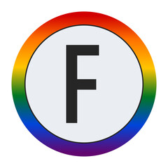 Fototapeta premium Bold Black Capital Letter F Inside a White Circle with a Vibrant Rainbow Gradient Border Representing LGBTQ Pride and Inclusivity