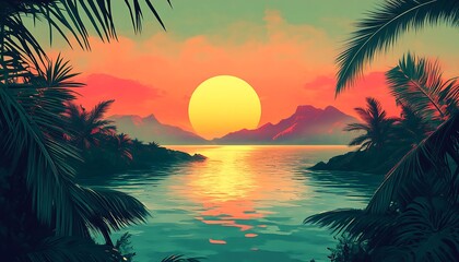 A beautiful sunset over the water framed by palm tree leaves