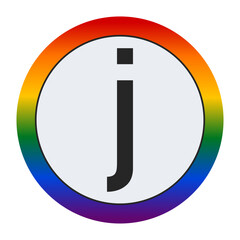 Bold Black Lowercase Letter j Inside a White Circle with a Vibrant Rainbow Gradient Border Representing LGBTQ Pride and Inclusivity