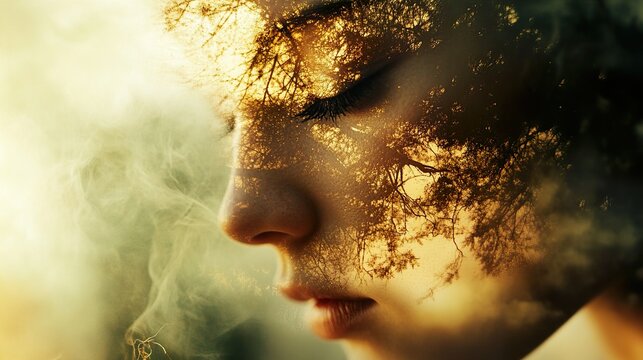Serene Sunset: A Woman's Face Merges with Nature