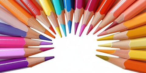 Fototapeta premium Colored Pencils Radially Arranged on White Background Creative Concept for Education and Art