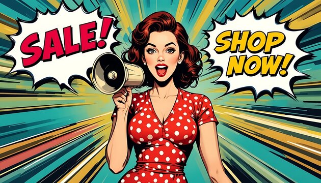 Retro-style pop art illustration of a woman with a megaphone announcing a sale. Bold colors and dynamic design to grab attention and encourage shopping.