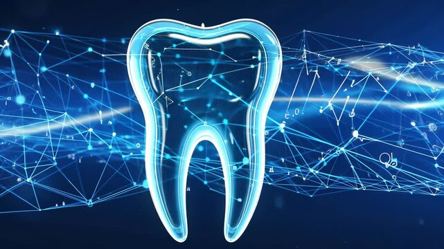 Futuristic digital tooth hologram with glowing blue network of connected lines and points, representing modern dental technology, innovation in oral medicine care, and high-tech healthcare solutions.