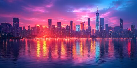 Fototapeta premium Vibrant Cityscape at Dusk with Colorful Reflections on Water