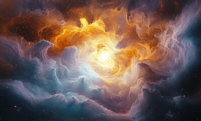 Obraz premium Luminous Golden Nebula in Cosmic Cloudscape with Dramatic Stars and Ethereal Light