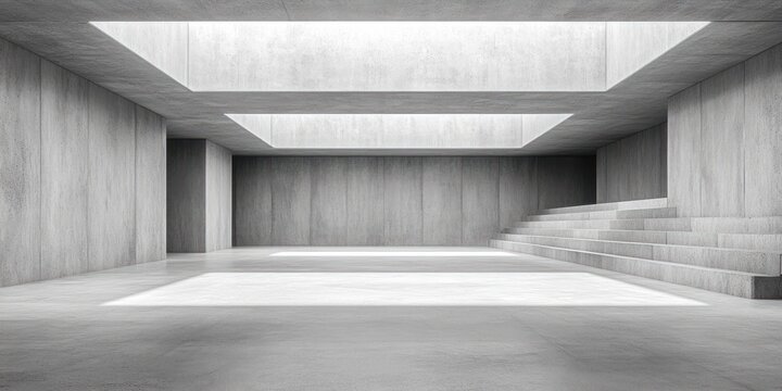 Modern minimalist concrete room with industrial brutalist design and diffused light recess for abstract interior concept
