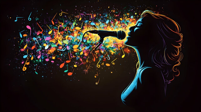 Woman sings passionately into a microphone as musical notes burst around her in bright colors against a dark backdrop