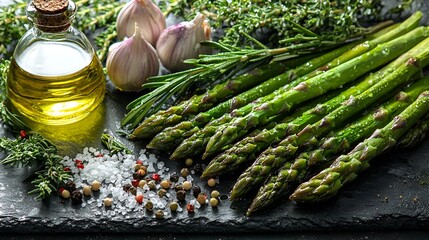 Fresh green asparagus with herbs, garlic, olive oil, salt, and pepper on dark stone.
