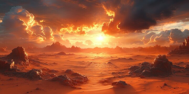 Dust Storm on Mars 360 Degree Panorama of the Martian Landscape with Dramatic Clouds and Golden Hour Light