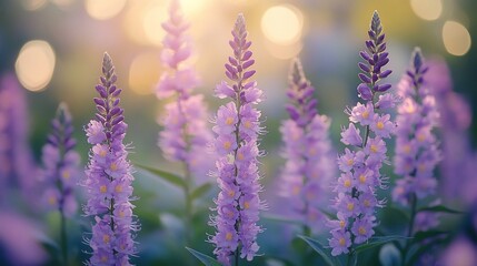 Obraz premium Purple flowers bloom in sunlight in a green garden with a bokeh background