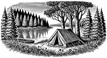 Camp in front mountain forest ketch engraving black and white outline. Scratch board imitation.  illustrated in vintage line art style on a white background.
