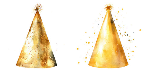 Golden party hats with sparkling details create festive atmosphere for celebrations. Perfect for New Year Eve or birthday
