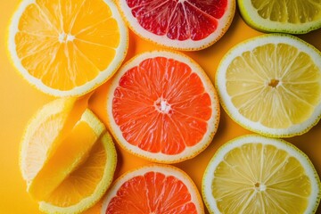 Obraz premium Fruit slices in triadic color scheme with space for text