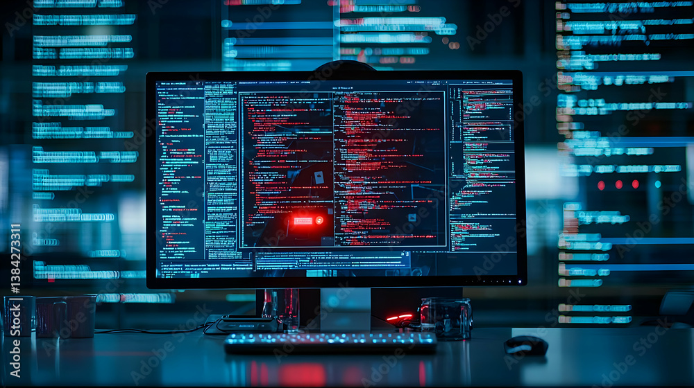 Poster computer screen displaying glitching code at night