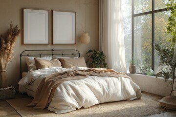 Obraz premium Cozy Minimalist Bedroom with Vintage Wrought Iron Bed Frame and Natural Lighting