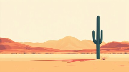 Lone cactus desert landscape, sunlit mountains background, arid environment, website banner