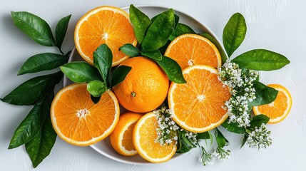Fresh Oranges with Green Leaves and White Flowers on a Light Background
