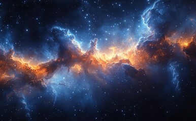Fototapeta premium Cosmic Nebula Vibrant Blue and Orange Gas Cloud in Deep Space with Distant Stars and Hyper-Realistic Cinematic Lighting
