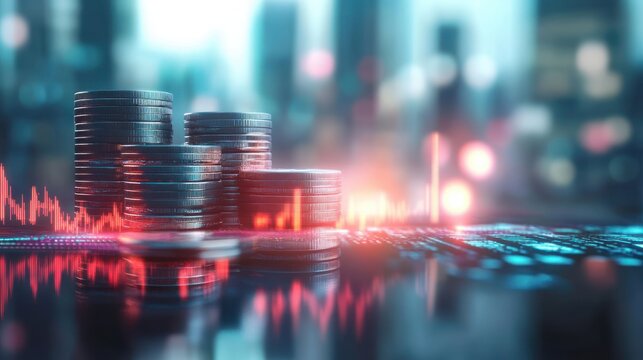 Financial Growth and Investment Data with Stacked Coins and Stock Market Graph in a Futuristic City Background