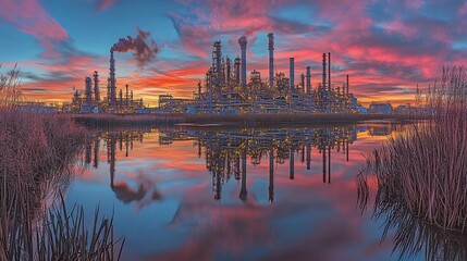 Obraz premium Oil refinery reflected in calm water at sunset