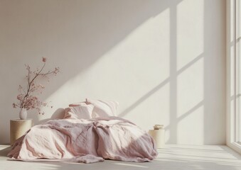 Sunlit bedroom with pink bedding, minimalist decor.