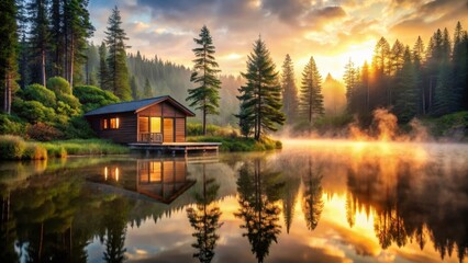 Fototapeta premium Serene Lakeside Cabin at Sunrise, Mirrored in Still Waters, Bathed in Golden Light
