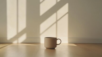 Obraz premium A ceramic mug sits on a wooden floor in sunlight