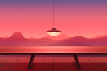 Hanging Lamp on a Terrace with a Mountain Sunset View