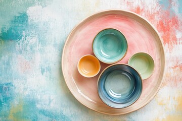 Hand-painted ceramics in triadic color scheme and flat lay with soft lighting and negative space