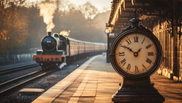 Vintage steam train at a historic railway station with a classic clock