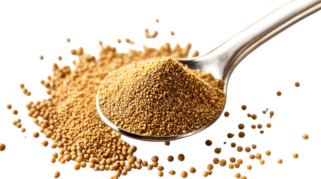 Mustard seeds ground into fine powder, spoon filled with a bit spilled, isolated on white background, hd, realistic, 8k --ar 16:9