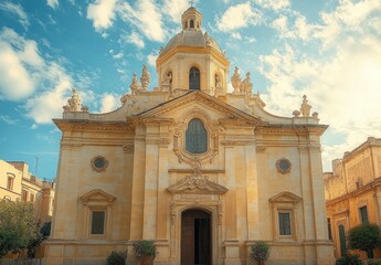 Obraz premium Baroque Church in Mdina Malta with Sunlit Beige Stone Facade and Blue Sky