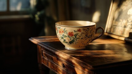 A decorative porcelain teacup with floral design sits on wood