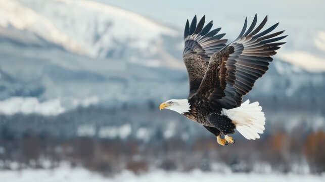 A majestic bald eagle soaring through the air above a snow-capped mountain range, holding a blank white paper in its talons. The eagle is looking down at the camera with a piercing gaze.