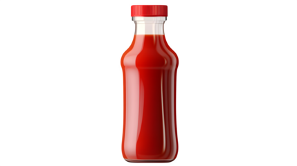Squeeze ketchup bottle with red color fast food condiment isolated on transparent white background