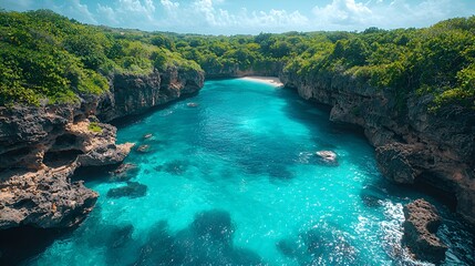 Obraz premium Secluded tropical cove with turquoise water, surrounded by lush greenery and cliffs.
