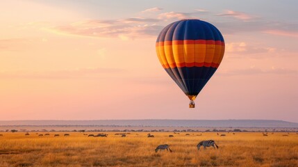 Naklejka premium A hot air balloon gently floating over the Serengeti plains, herds of wildebeest and zebras grazing below. 