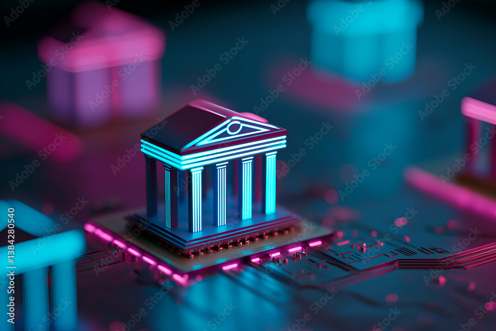 Poster a futuristic depiction of a classical building on a circuit board, blending architecture with techno