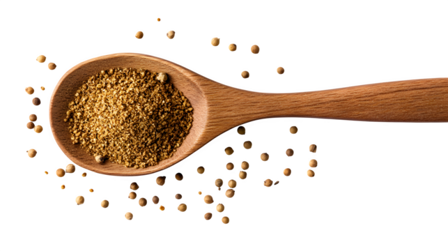 Wooden spoon carrying coriander powder with tiny spice particles scattered around, isolated on white background, hd, realistic, 8k --ar 16:9