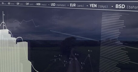 Financial data and currency exchange rates animation over landscape view