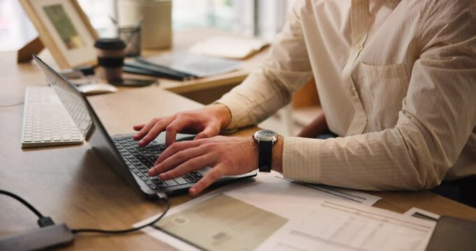 Accounting, hands or man typing on laptop in closeup for bookkeeping, research or investment. Finance report, payroll schedule or accountant in office for audit review, sales profit or tax compliance
