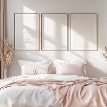 Sunlit bedroom with three empty frames above bed.
