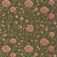"Victorian-style floral wallpaper pattern with intricate detailing of roses, ivy vines, and garden elements in muted antique tones."