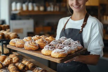 Female baker holding freshly baked almond croissants in cozy Scandinavian bakery with warm lighting