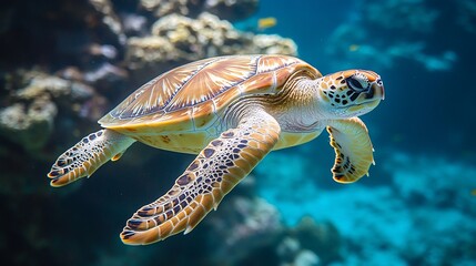 Obraz premium Sea turtle gracefully swimming in vibrant coral reef.