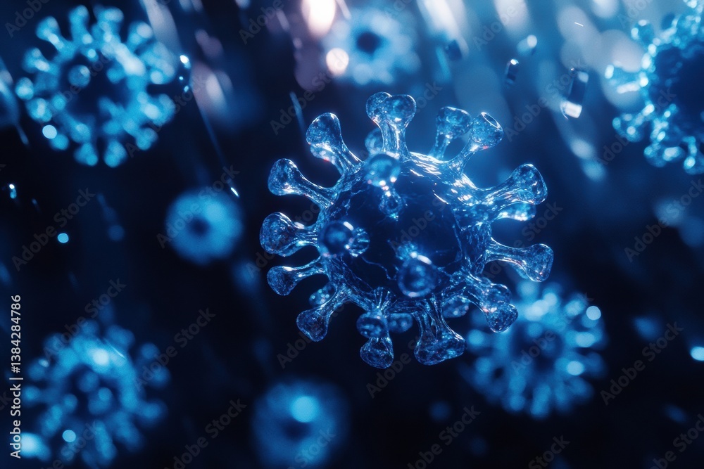 Poster intricate 3d illustration of adeno-associated virus with bioluminescent glow in a fluidic environmen