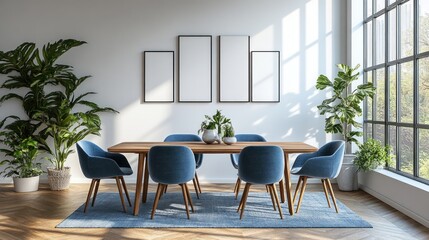 Fototapeta premium Scandinavian interior design modern dining room with wooden table blue accent chairs 3D rendering